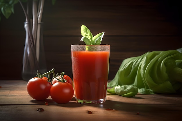 Ein Glas Tomatensaft mit Basilikumblättern auf einem Holztisch.