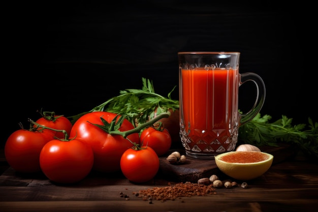 Ein Glas Tomatensappe mit frischen Tomaten und Gewürzen auf dunklem Holzhintergrund