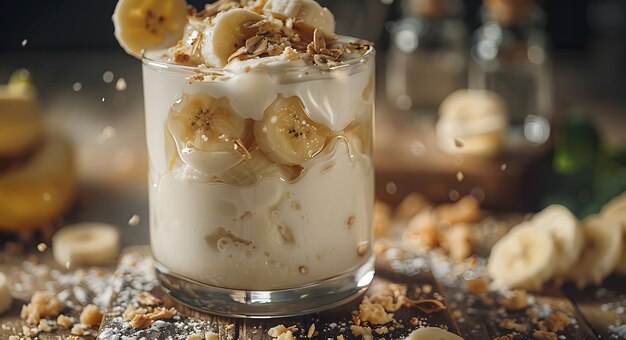 Ein Glas tröstender Joghurt- und Bananenmischung auf dem Tisch