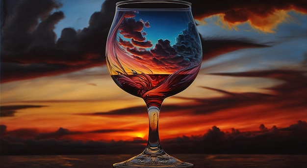 Ein Glas und ein wunderschöner Sonnenuntergang im Hintergrund, Nahaufnahme. Das Konzept einer entspannten Sommerstimmung