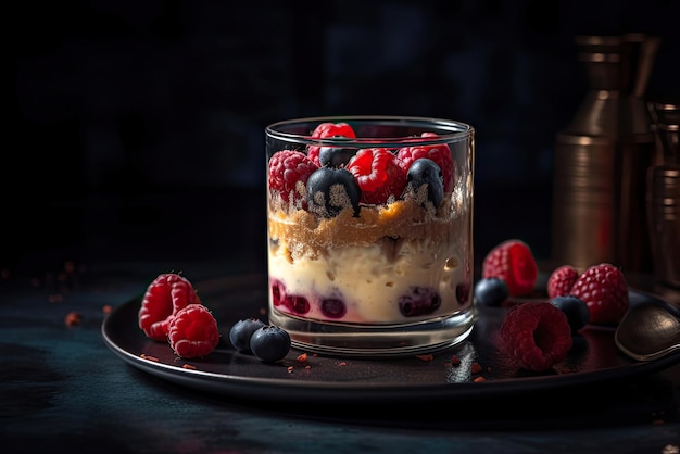 Ein Glas Vanillepudding mit Himbeeren darauf