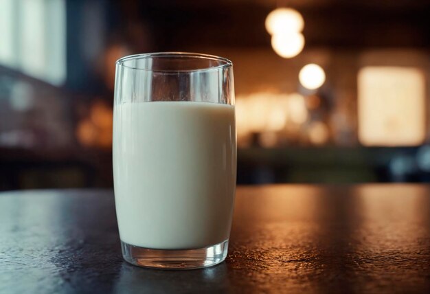 Ein Glas voller Milch steht auf einem Holztisch