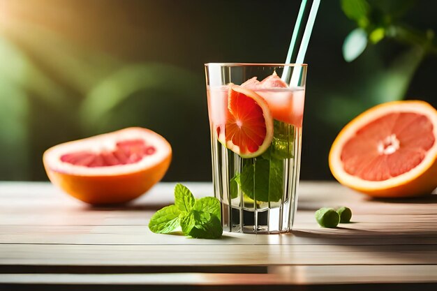 ein Glas Wasser mit einem Strohhalm darin und eine Wassermelone auf dem Tisch.