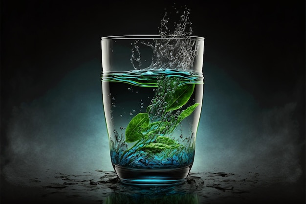 Ein Glas Wasser mit einer blauen Flüssigkeit darin und grünen Blättern