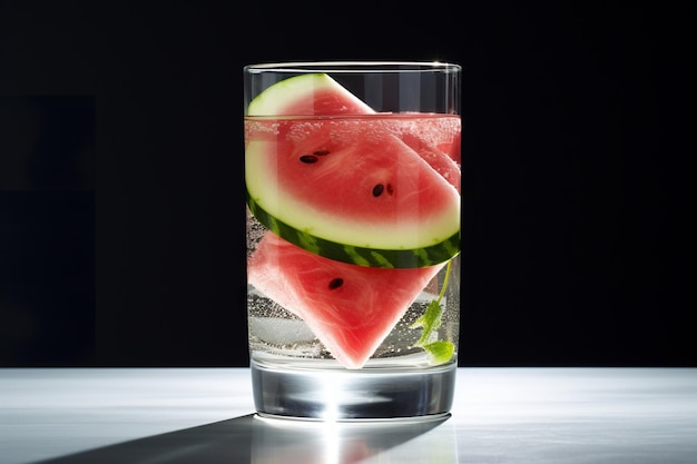 Ein Glas Wasser mit einer Scheibe Wassermelone darauf