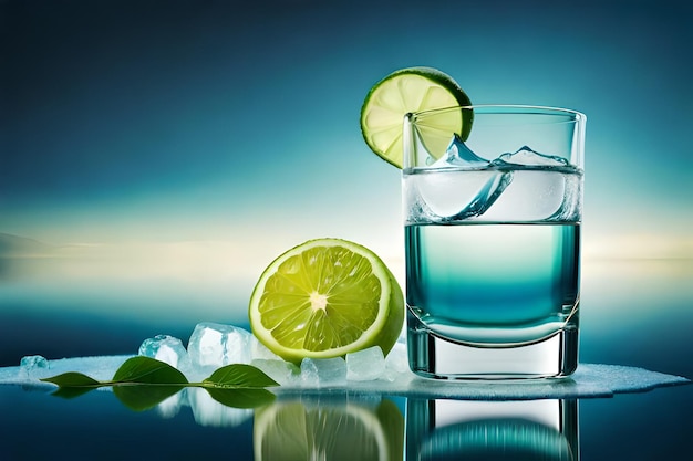 Ein Glas Wasser mit Eiswürfeln und Limetten darauf