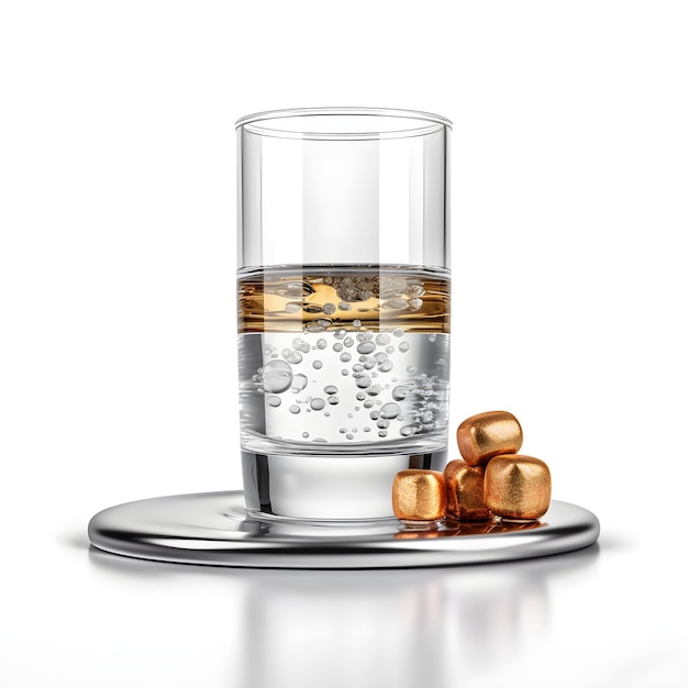 Ein Glas Wasser mit goldener Flüssigkeit daneben.