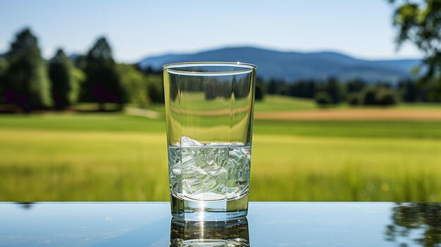 Foto ein glas wasser mit grüner natur und bergreflexion hochwertiges foto