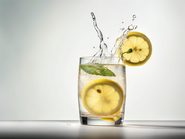 Ein Glas Wasser mit Zitronen und Eiswürfeln wird hineingegossen.