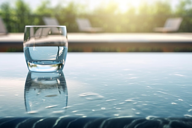 Ein Glas Wasser steht im Sommer auf dem nassen Boden am Pool draußen