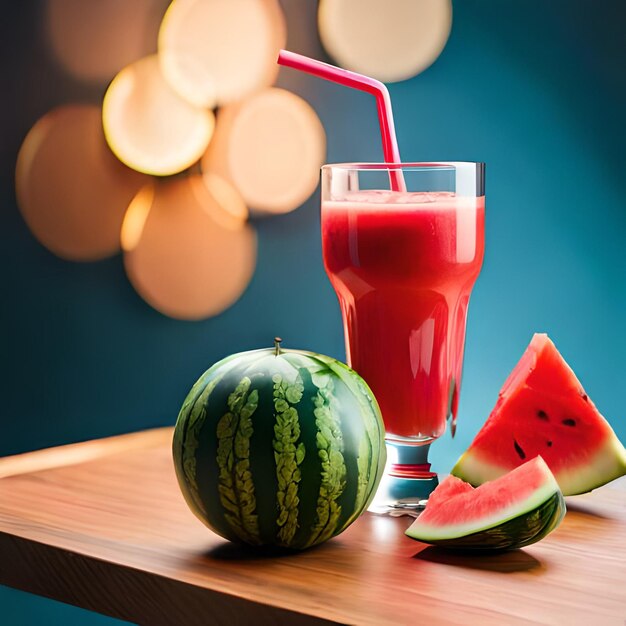 Ein Glas Wassermelonensaft mit einem Strohhalm daneben.