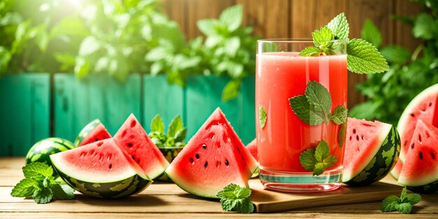 Foto ein glas wassermelonensaft mit minzblättern auf einem holztisch