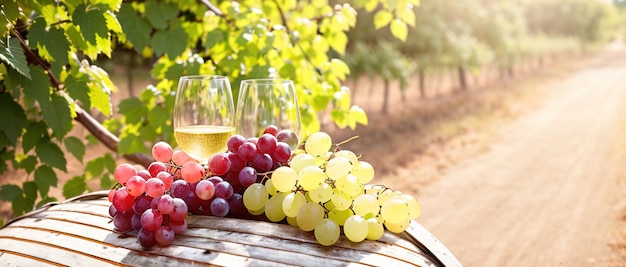 Ein Glas Wein auf einem hölzernen Vintage-Fass mit Alkohol und frischen Weintrauben