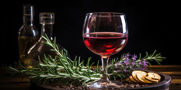 Foto ein glas wein mit einem rosmarin-garnison am rand