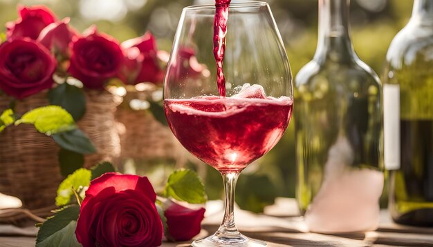 ein Glas Wein mit einer roten Rose drin