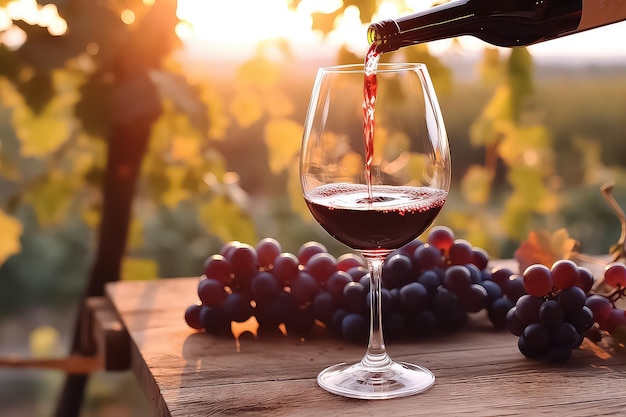 ein Glas Wein mit Trauben auf einem sonnigen Hintergrund