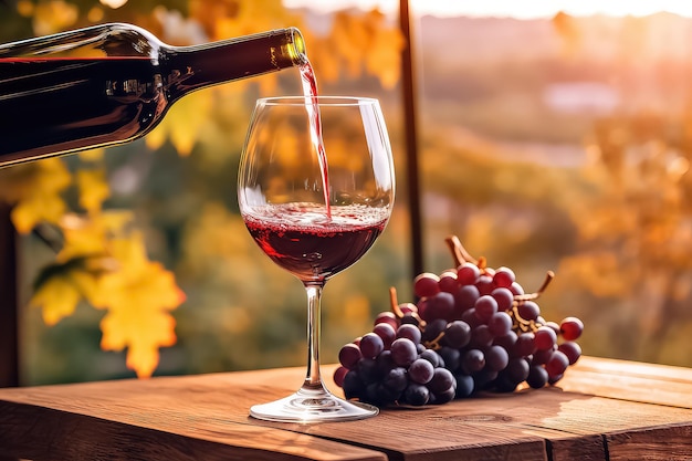 Ein Glas Wein mit Trauben auf einem sonnigen Hintergrund