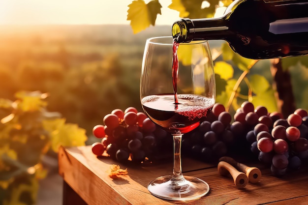 Ein Glas Wein mit Trauben auf einem sonnigen Hintergrund