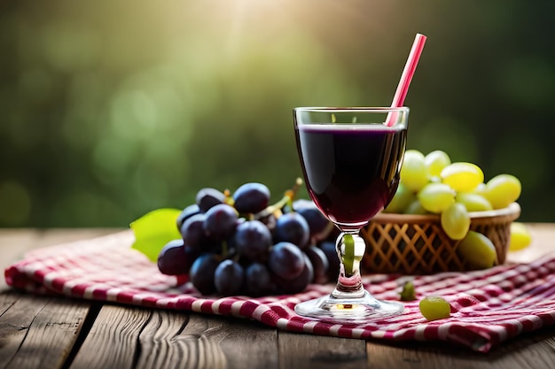 Ein Glas Wein mit Trauben auf einem Tisch