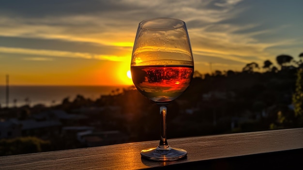 Ein Glas Wein steht auf einem Balkon, dahinter geht die Sonne unter.