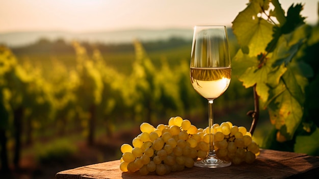 Ein Glas Wein steht auf einem Tisch mit einer Weintraube mit Blick auf ein sonniges Sommerfeld mit Weinbergen Generative KI