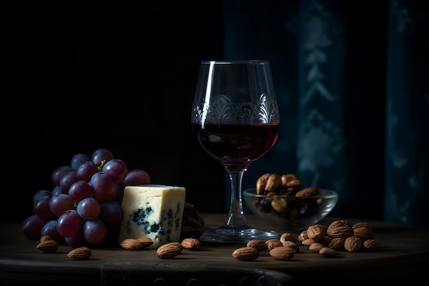 Ein Glas Wein, Trauben und ein Käse auf einem Tisch.