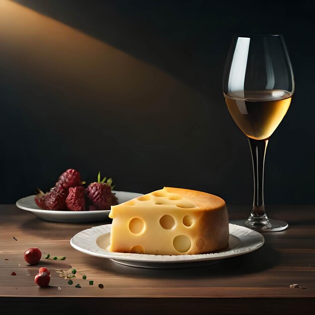 Ein Glas Wein und ein Stück Käse neben einem Teller mit einem Glas Wein und einem Stück Käse darauf.