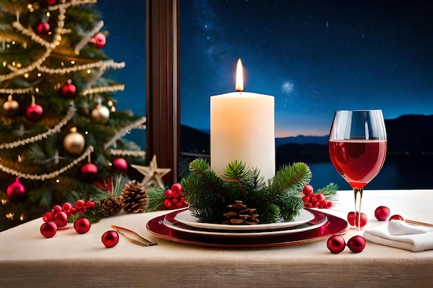 Ein Glas Wein und eine Kerze auf einem Tisch vor einem Fenster mit einem Weihnachtsbaum und einem Glas Wein.