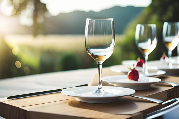 Ein Glas Wein und Erdbeeren auf einem Tisch mit Blick ins Grüne.