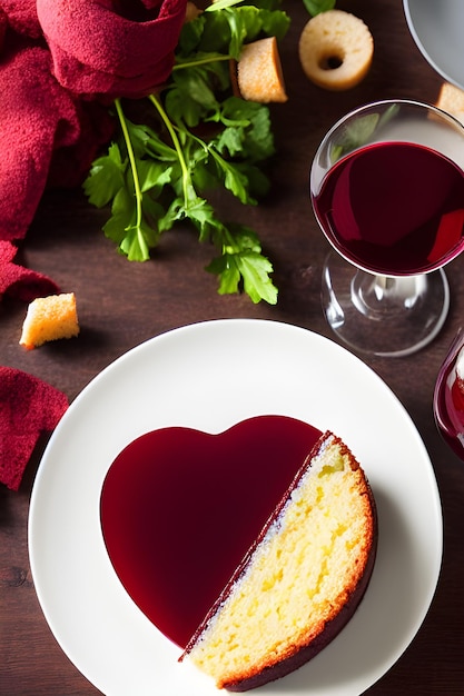 Ein Glas Wein und köstlicher Kuchen bilden eine Herzkomposition