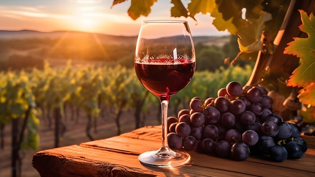 ein Glas Wein und Weintrauben auf einem Tisch