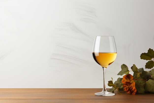 Ein Glas Weißwein auf einem Holztisch und einem Wandhintergrund