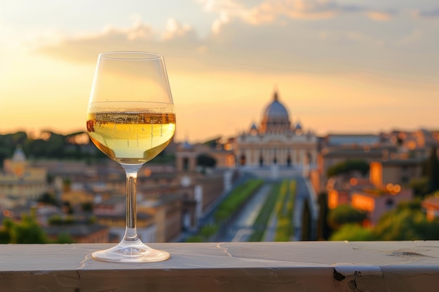 Ein Glas Weißwein mit Rom im Hintergrund