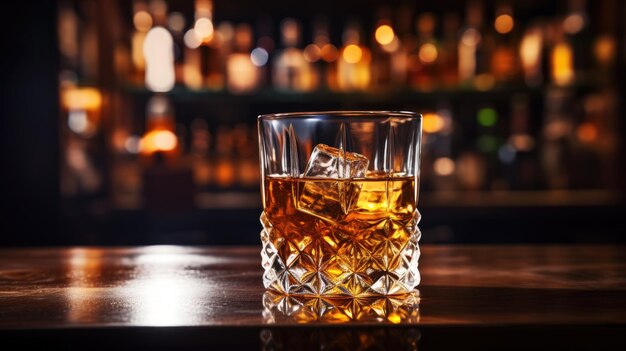 Ein Glas Whiskey auf dem Stehtisch hinter der Bar