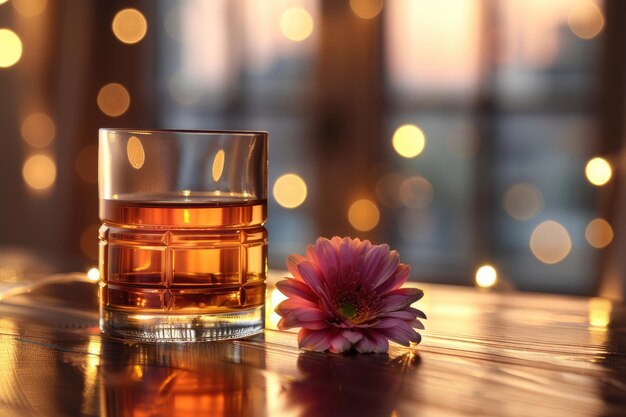 Ein Glas Whiskey liegt auf dem Tisch, eine Blume liegt daneben, der Hintergrund ist verschwommen.