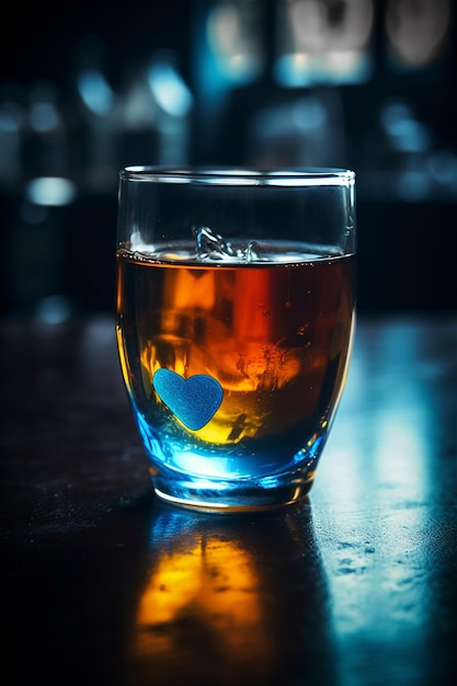 Ein Glas Whiskey mit einem blauen Herzen auf dem Boden.