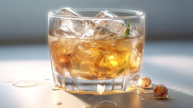 Ein Glas Whiskey mit Eis auf dem Boden