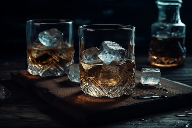 Ein Glas Whiskey mit Eis auf einem Holzbrett