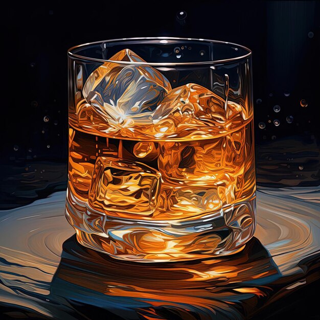 ein Glas Whiskey mit Eis darin im Stil von weichen und abgerundeten Formen