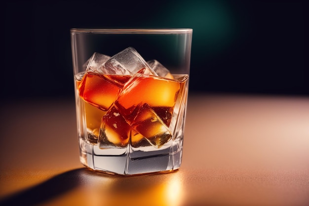 Ein Glas Whiskey mit Eiswürfeln auf dem Tisch