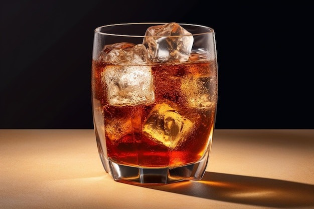 Ein Glas Whiskey mit Eiswürfeln auf einem Tisch