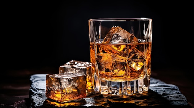 Ein Glas Whiskey mit Eiswürfeln auf schwarzem Hintergrund, KI-generiertes Bild