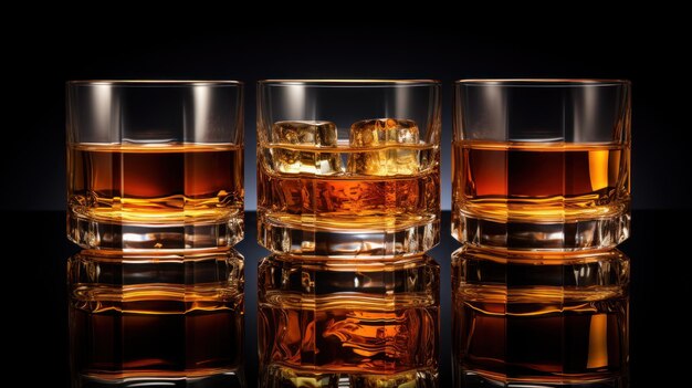 Foto ein glas whiskey oder whiskey oder amerikanischer kentucky bourbon mit seiner spiegelung im flugzeug