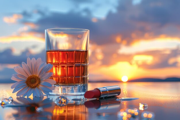 Ein Glas Whiskey steht auf dem Tisch, Blume und Lippenstift auf verschwommenem Hintergrund.