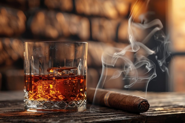 Ein Glas Whiskey steht auf dem Tisch, eine Zigarre wird in der Nähe geraucht, ein luxuriöses Leben.