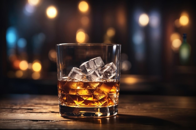 ein Glas Whisky-Soda mit Eiswürfeln auf einem hölzernen Hintergrund ai generativ