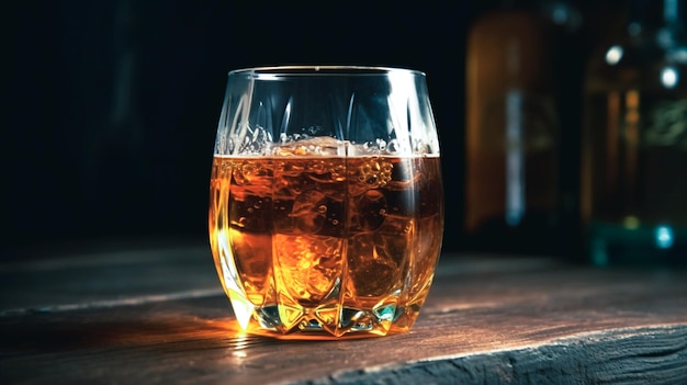 Ein Glas Whisky steht auf einem Tisch mit einer Flasche Whisky dahinter.