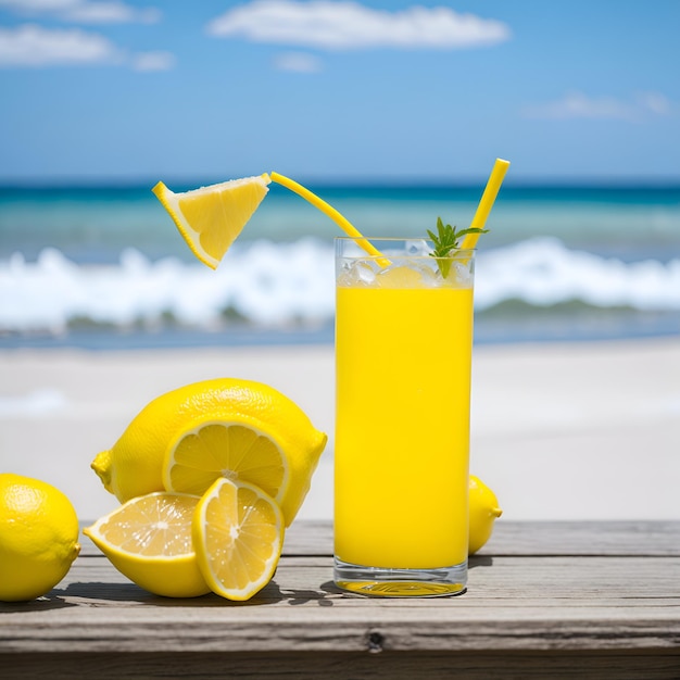 Ein Glas Zitronensaft mit einem Strohhalm daneben.