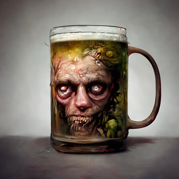 Foto ein glasbecher mit dem gesicht eines zombies darauf