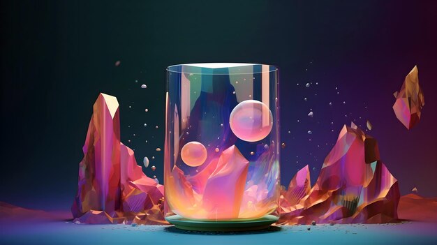 Ein Glasgefäß mit Kristallgesteinshintergrund, Farbspritzer, 3D-Illustration